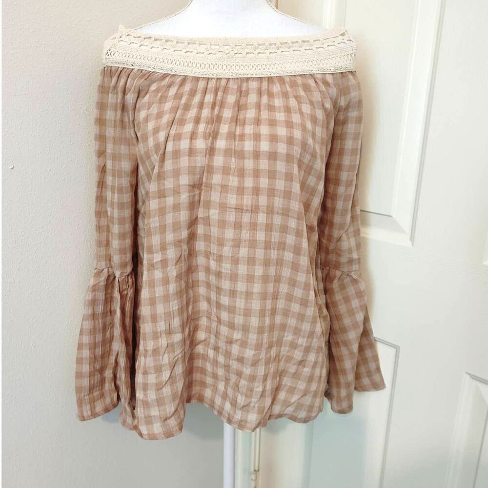 Chloah Chloe & Hannah Top Boho Gingham Bell Sleeve Crochet Juliet  Medium